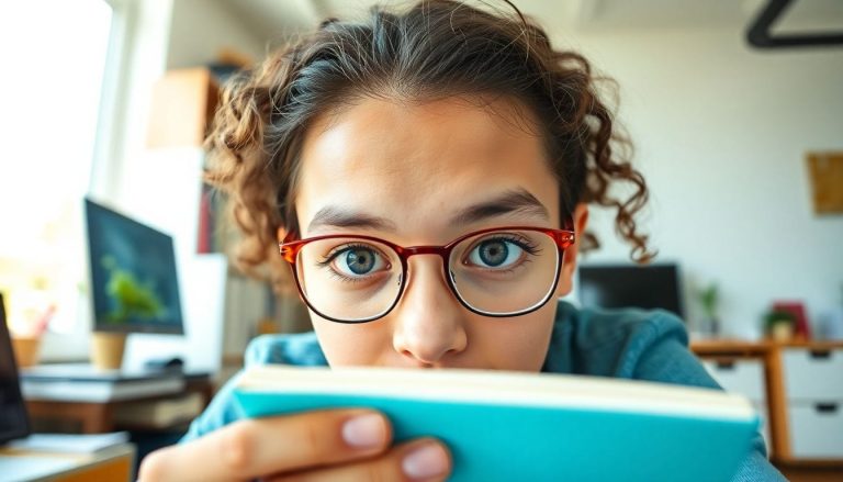 young girl with glasses peeking over a blue book