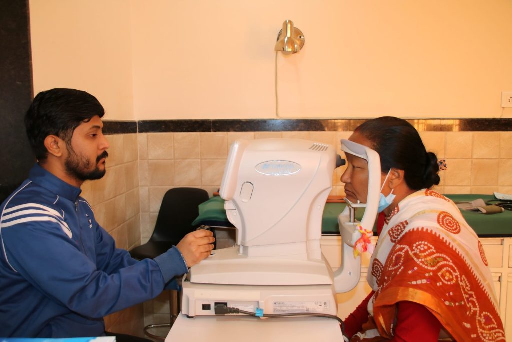 Eye examination in progress with a healthcare professional and a patient