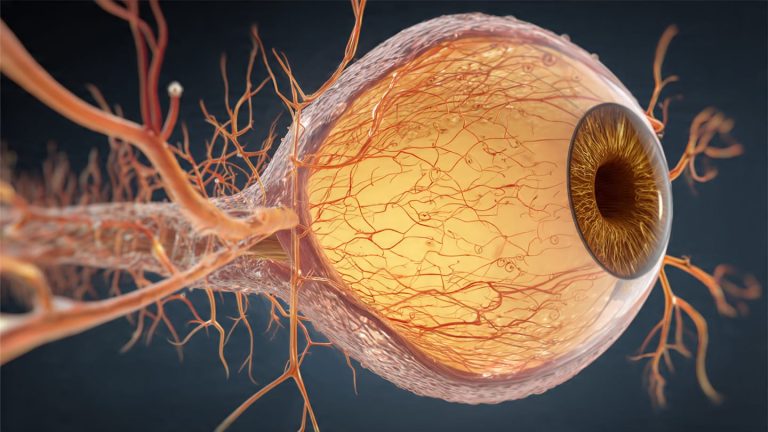 human eye anatomy with visible blood vessels and optic nerve