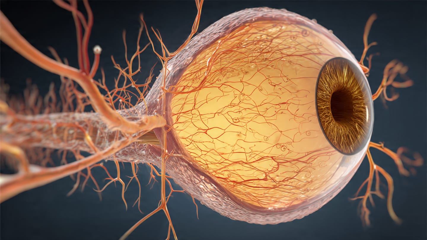 human eye anatomy with visible blood vessels and optic nerve